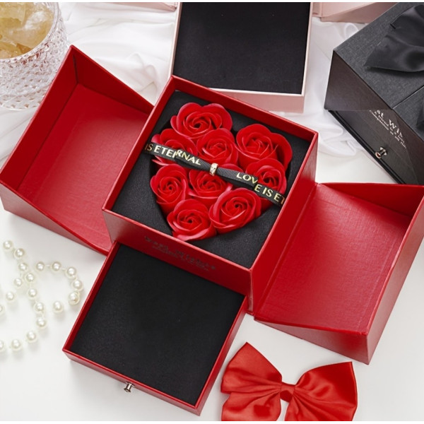 Δημιουργικό Κουτί Δώρου 'Πάθος των Τριαντάφυλλων' με Κόκκινη Διακόσμηση, χώρος για Κολιέ και Δαχτυλίδια με Τριαντάφυλλα Κόκκινα